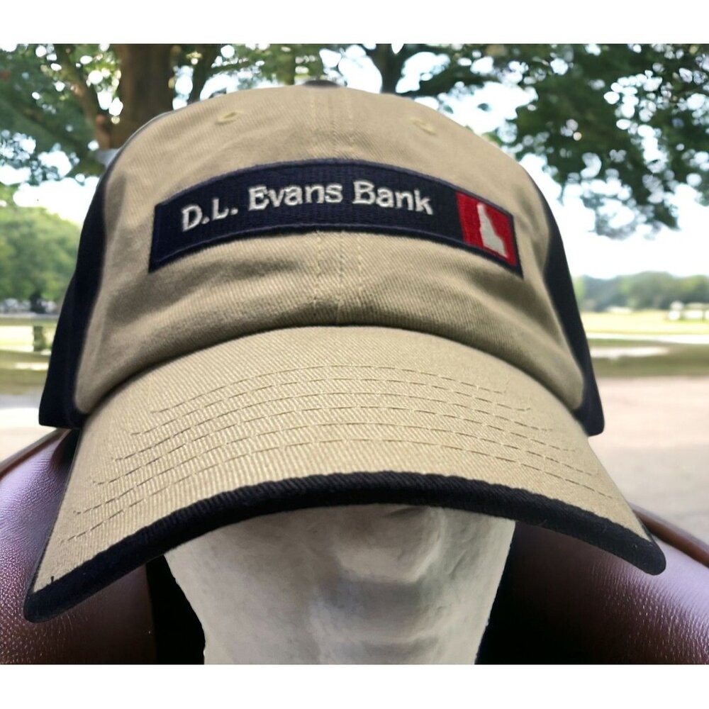 D.L. Evans Bank Hat Vintage Strapback Cap Tan Blue Adjustable Logo Idaho